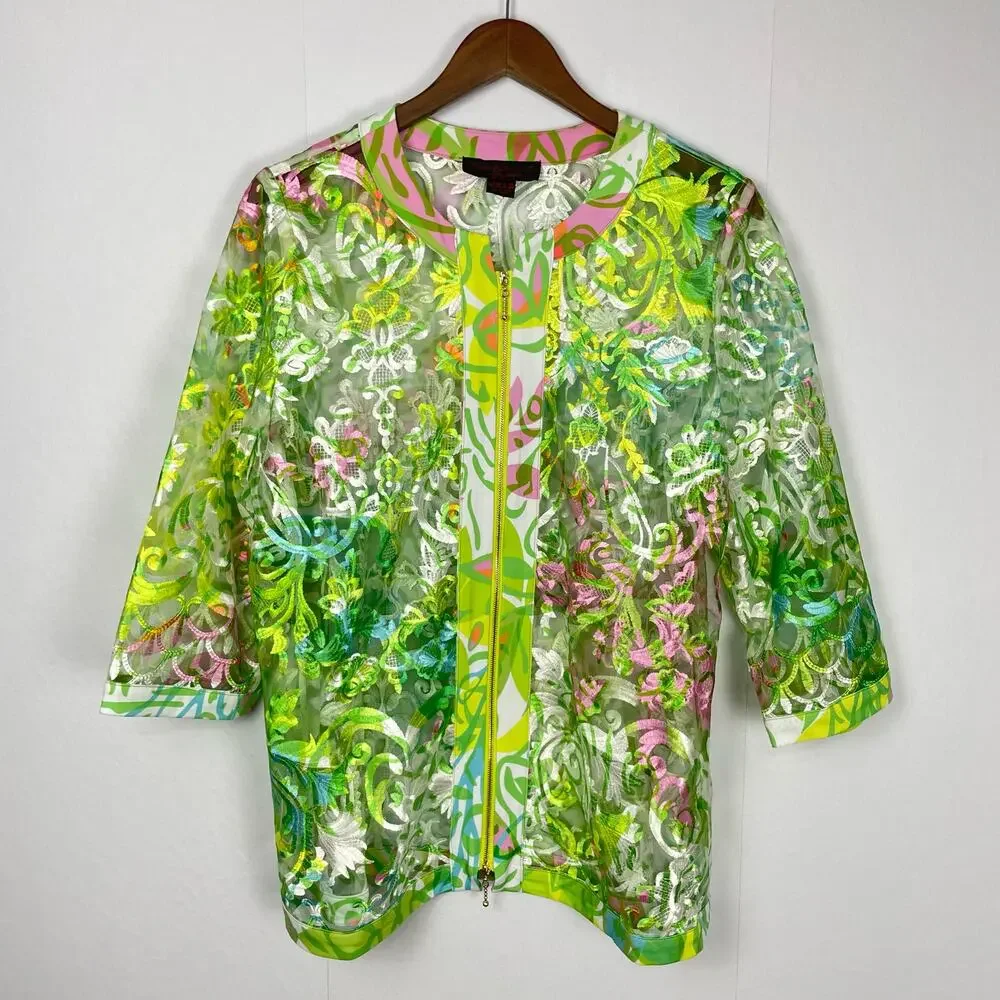 Pleats Collection | Bright Neon Green & Pink Floral Lace Sheer Jacket Tank Set